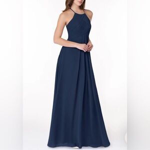 Azazie Ginger Navy Blue Fall Bridesmaid Dress | A12 | Halter Neck Chiffon Gown